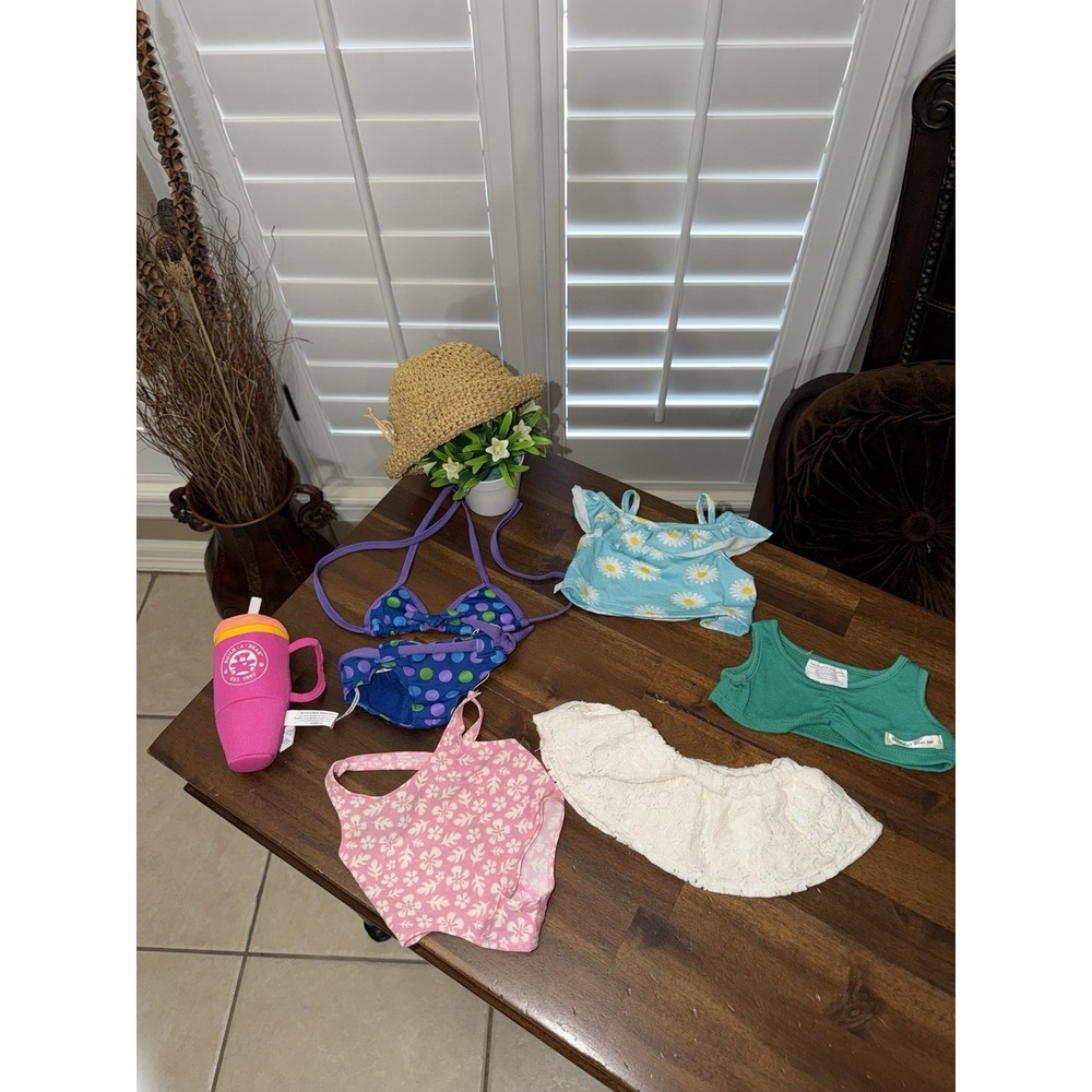 Build A Bear Clothing Summer Outfit Lot, Swim Suits, Skirt, Tops, Hat, Cup Lot